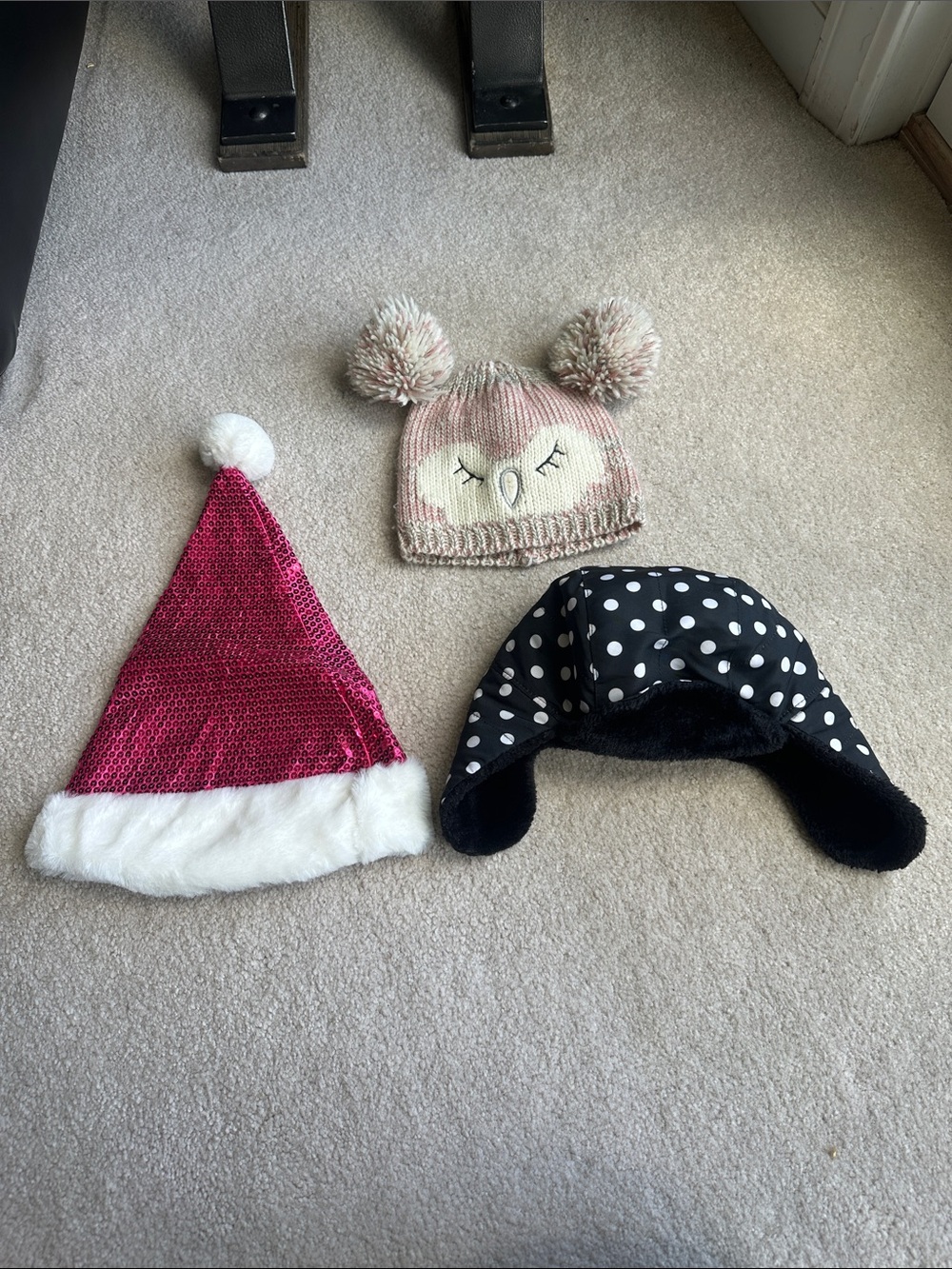 Three Cute Kids Winter Hats - Pink Santa, Owl Pom Pom, Black Polka Dot Trapper